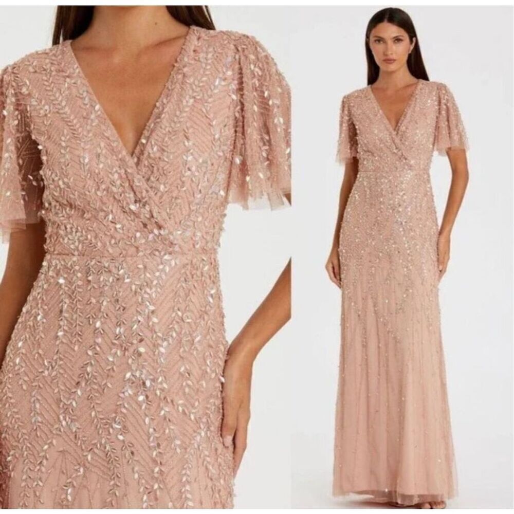 Mac Duggal Embellished Flutter Sleeve Gown with a V-neck and sequin and beaded d
